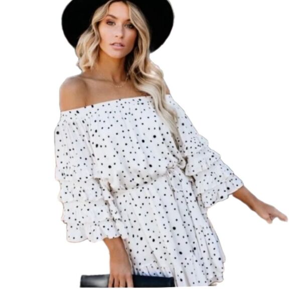 Fate Anya polka dot ruffled bell sleeve mini dress WHITE BLACK SZ MEDIUM - Picture 1 of 10